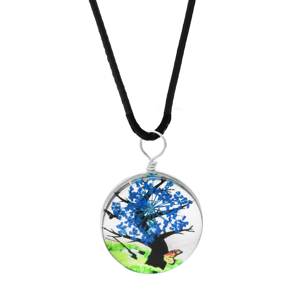 Oval Tasarım Mavi Çiçekli Doğa Temalı El Yapımı Natural Reçine Kolye - 1