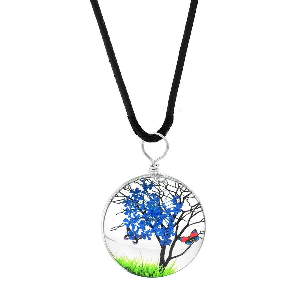 Oval Tasarım Mavi Çiçekli Doğa Temalı El Yapımı Natural Reçine Kolye - 2