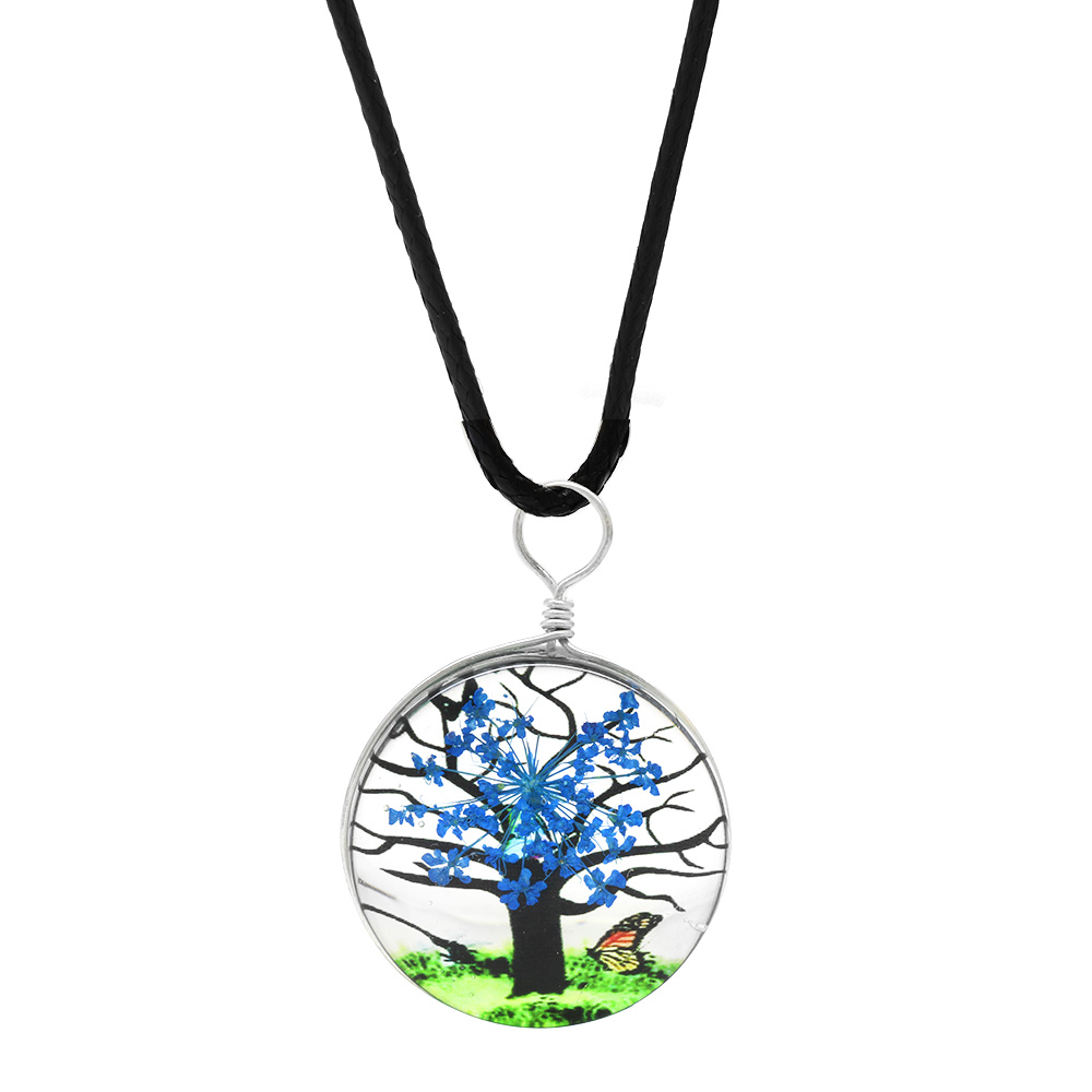 Oval Tasarım Mavi Çiçekli Doğa Temalı El Yapımı Natural Reçine Kolye - 3