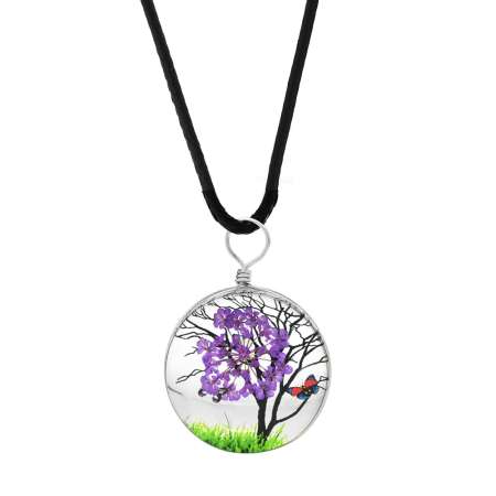 Oval Tasarım Mor Çiçekli Doğa Temalı El Yapımı Natural Reçine Kolye - Tesbihane