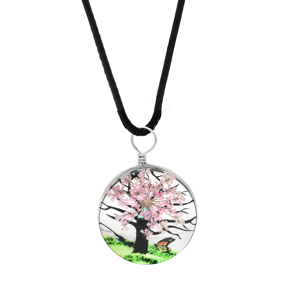 Oval Tasarım Pembe Çiçekli Doğa Temalı El Yapımı Natural Reçine Kolye - 1