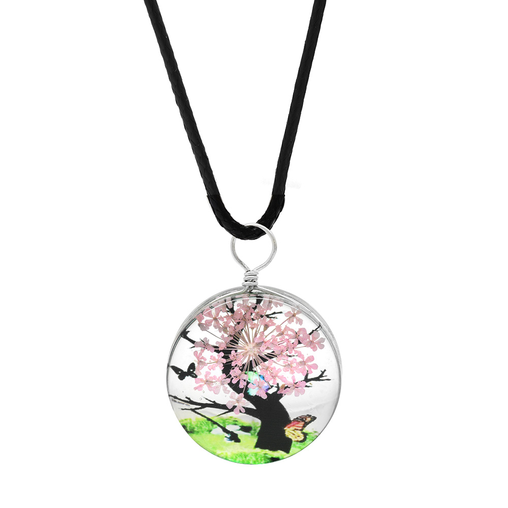 Oval Tasarım Pembe Çiçekli Doğa Temalı El Yapımı Natural Reçine Kolye - 2