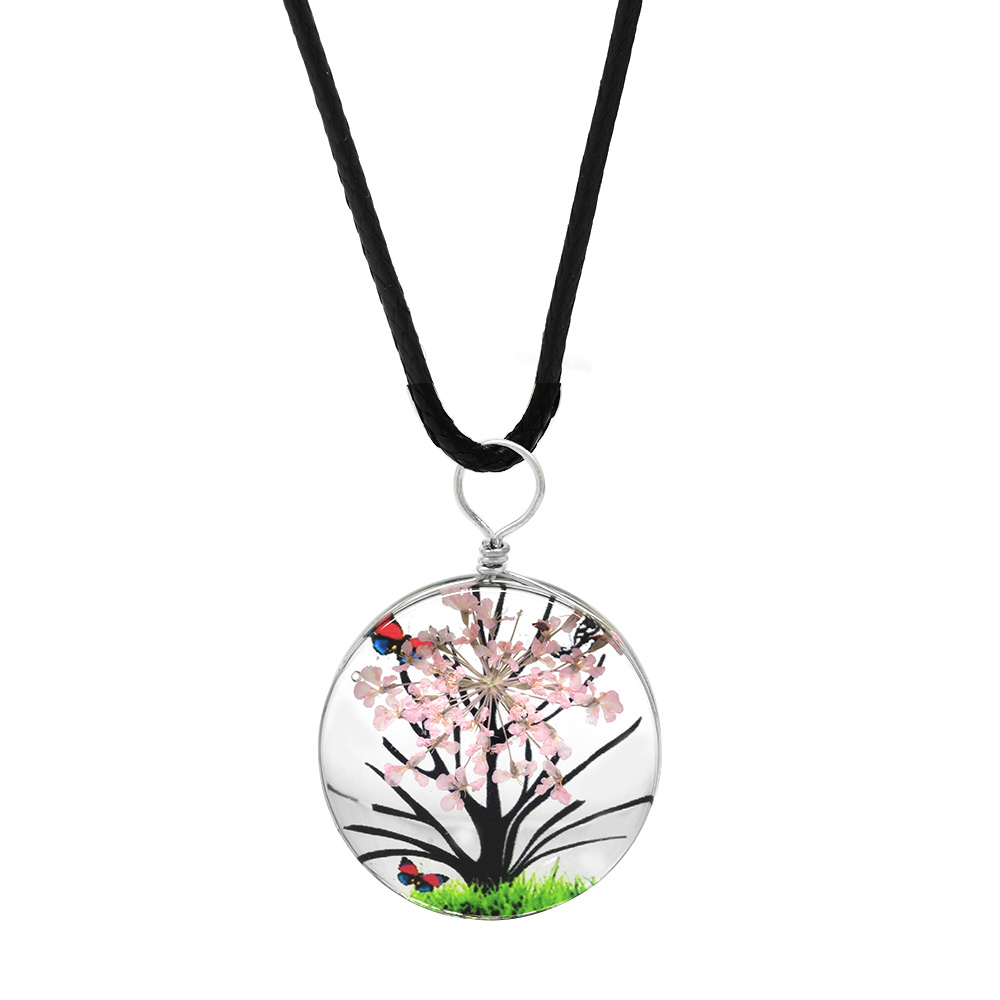 Oval Tasarım Pembe Çiçekli Doğa Temalı El Yapımı Natural Reçine Kolye - 3