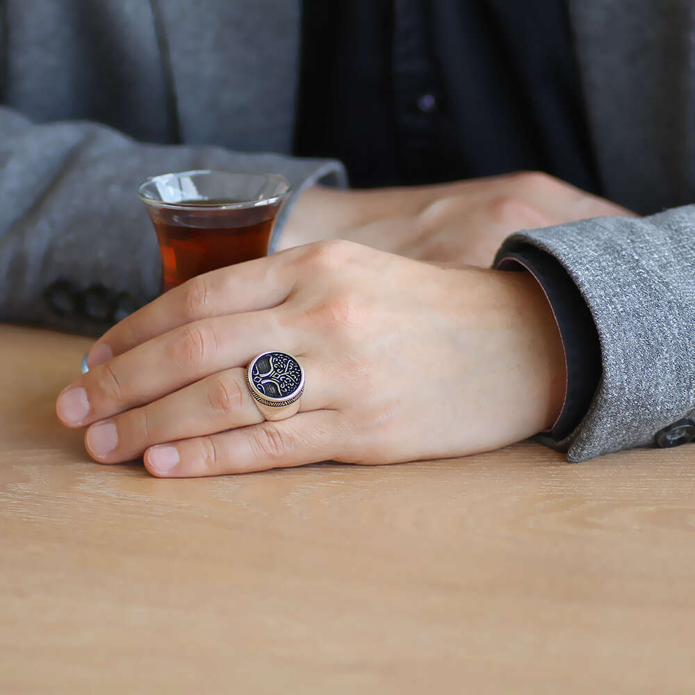 Oval Tasarım Soyağacı Temalı 925 Ayar Gümüş Erkek Yüzük - 2