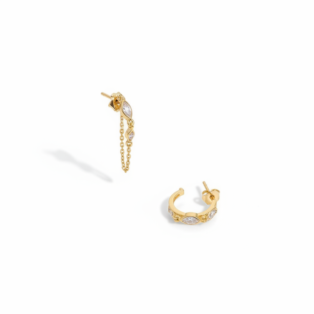 Oval Tektaş Tasarım Sıralı Zirkon Taş Sallantılı Zincir Detaylı Altın Renk 925 Ayar Gümüş Kadın Küpe - 4