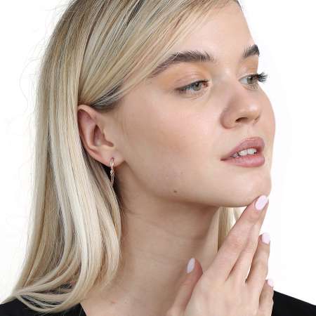 Oval Tektaş Tasarım Sıralı Zirkon Taş Sallantılı Zincir Detaylı Rose Renk 925 Ayar Gümüş Kadın Küpe - Tesbihane