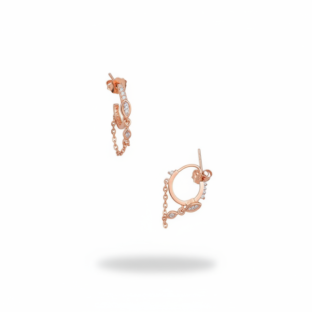 Oval Tek Taş Tasarım Sıralı Zirkon Taş Sallantılı Zincir Detaylı Rose Renk 925 Ayar Gümüş Kadın Küpe - 4