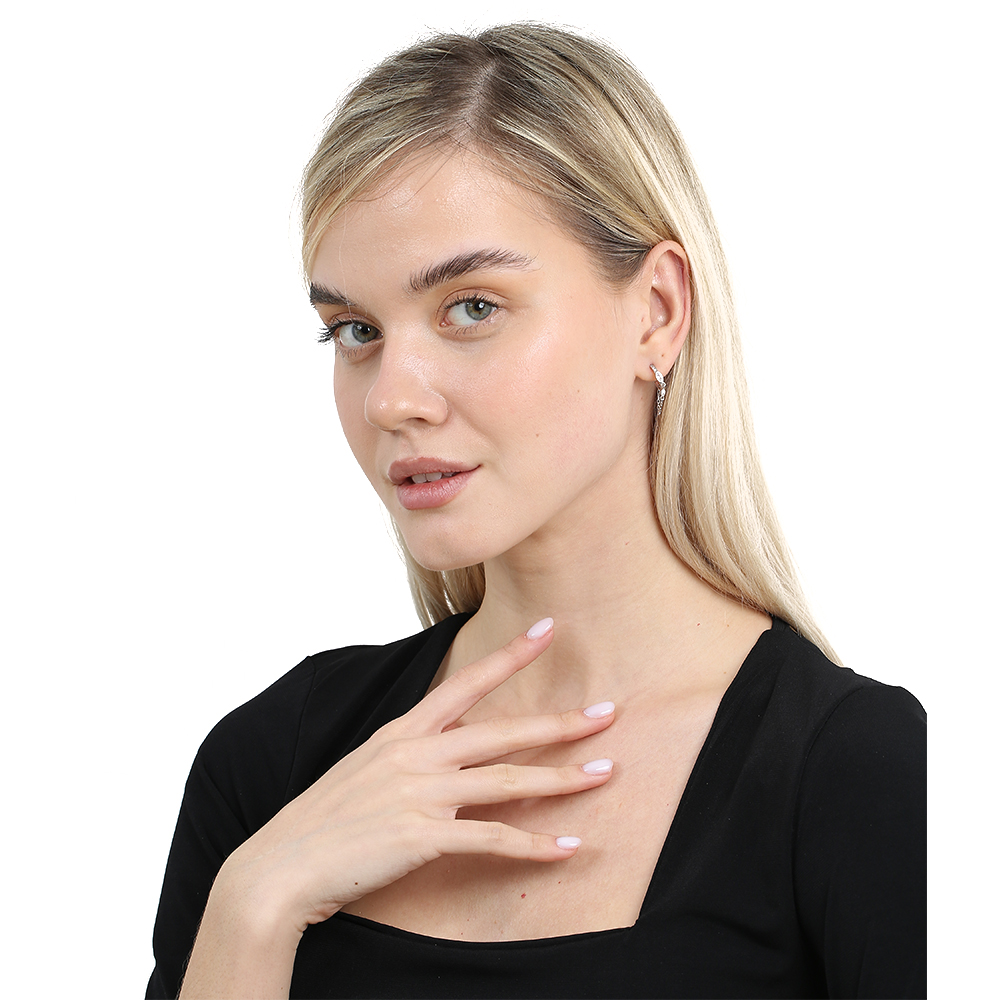 Sıralı Zirkon Taş Süslemeli Sallantılı Zincir Detaylı Gümüş Renk 925 Ayar Gümüş Kadın Küpe - 2