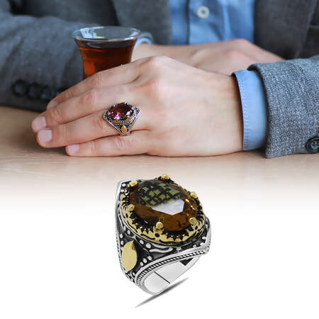 Oval Zultanit Taşlı Agresif Kasa Tasarımlı 925 Ayar Gümüş Erkek Yüzük - Tesbihane