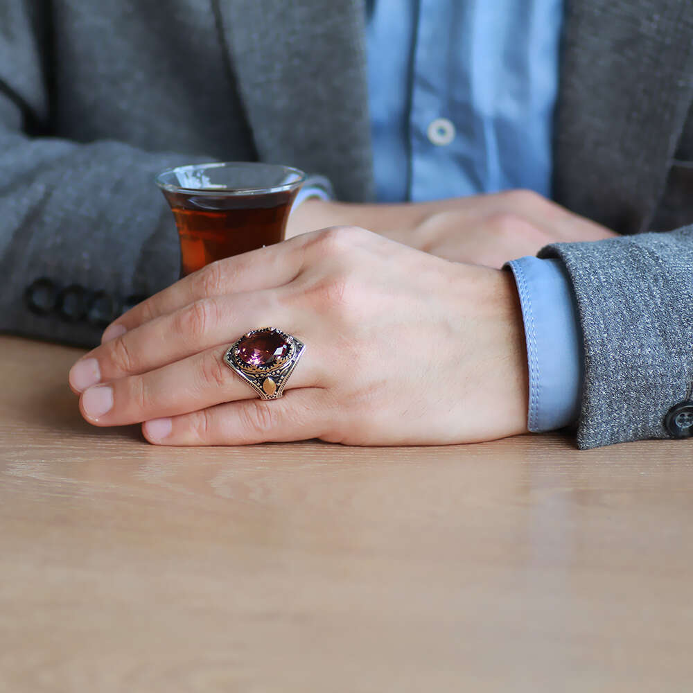 Oval Zultanit Taşlı Agresif Kasa Tasarımlı 925 Ayar Gümüş Erkek Yüzük - 2