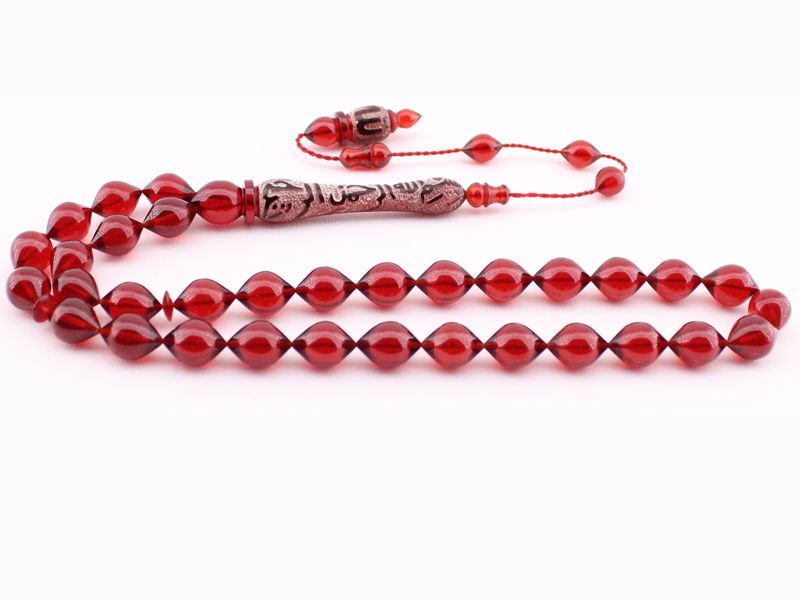 Özel El İşçiliği Besmele Yazılı Sıkma Kehribar Tesbih(model-2) - 2