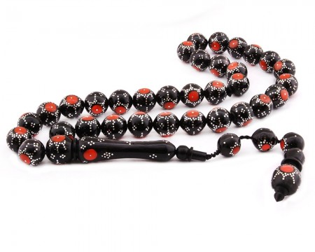 Gümüş İşlemeli Mercan Dolgulu Arpa Kesim Koleksiyonluk Kuka Tesbih - Tesbihane