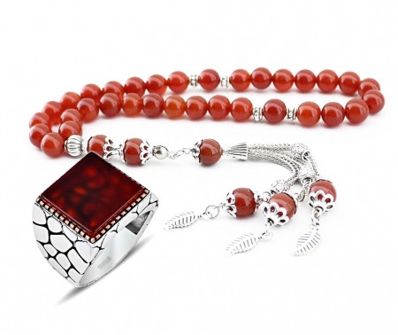 Özel Kamçılı Akik Tesbih ve 925 Ayar Gümüş Akik Yüzük Kombini - Tesbihane