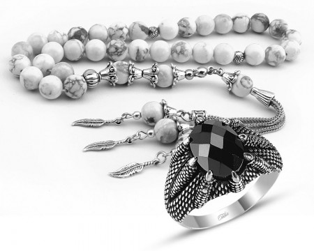 Özel Kamçılı Havlit Doğaltaş Tesbih ve Gümüş Kartal Pençesi Yüzük Kombini - Tesbihane