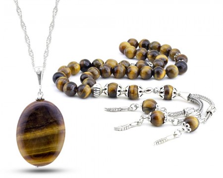 Özel Kamçılı Kaplan Gözü Tesbih ve Kolye Kombini - Tesbihane