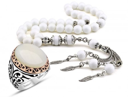 Özel Kamçılı Sedef Tesbih ve Sedef Taşlı Gümüş Yüzük Kombini - Tesbihane