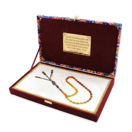 Premium Kutulu 1000 Ayar Gümüş Kazaz Püsküllü Arpa Kesim Kırmızı Sarı Damla Kehribar Tesbih - Tesbihane