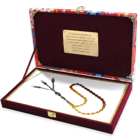 Premium Kutulu 1000 Ayar Gümüş Tria Kazaz Püsküllü Arpa Kesim Sarı Kırmızı Damla Kehribar Tesbih - Tesbihane