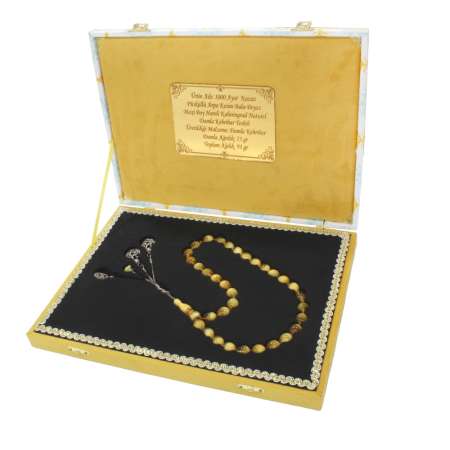 Premium Kutu 1000 Ayar Kazaz Püskül Arpa Kesim Bala Beyaz Maxi Boy Kaliningrad Damla Kehribar Tesbih - Tesbihane