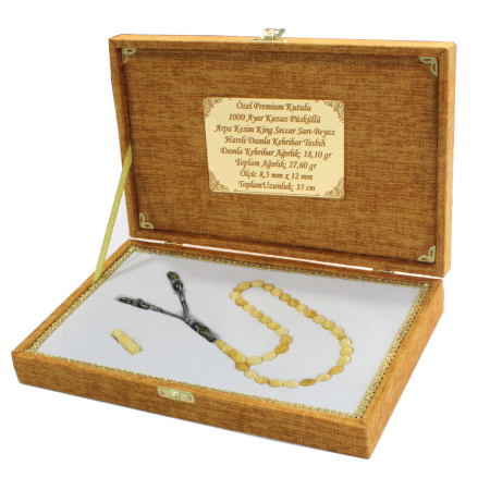 Premium Kutulu Gümüş Kazaz Püsküllü Arpa Kesim King Seccer Beyaz Sarı Hareli Damla Kehribar Tesbih - Tesbihane