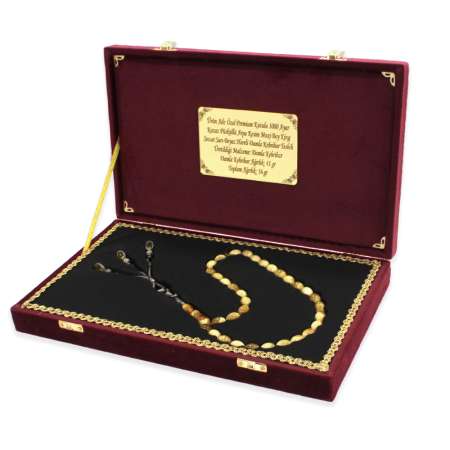 Premium Kutu 1000 Ayar Gümüş Kazaz Püskül Arpa Kesim Maxi Boy King Seccer Sarı Beyaz Damla Kehribar Tesbih - Tesbihane