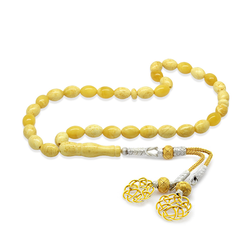 Premium Kutulu 1000 Ayar Kazaz Püskül Arpa Kesim King Seccer Sarı Beyaz Hareli Damla Kehribar Tesbih - 4