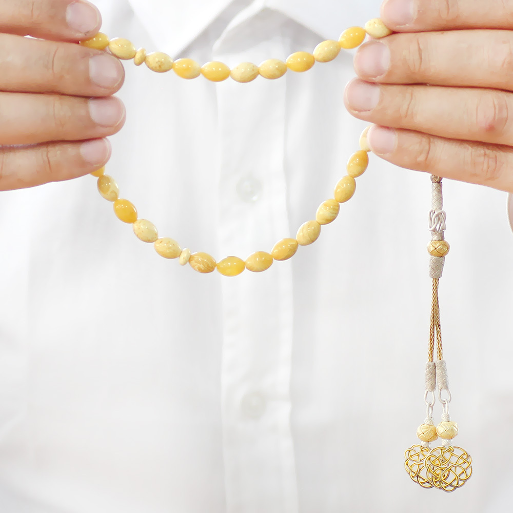 Premium Kutulu 1000 Ayar Kazaz Püskül Arpa Kesim King Seccer Sarı Beyaz Hareli Damla Kehribar Tesbih - 6