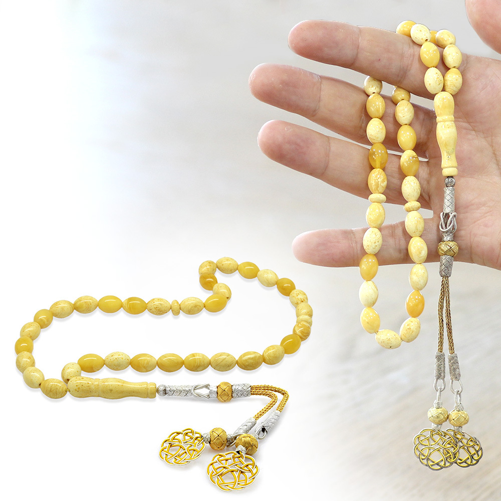 Premium Kutulu 1000 Ayar Kazaz Püskül Arpa Kesim King Seccer Sarı Beyaz Hareli Damla Kehribar Tesbih - 2