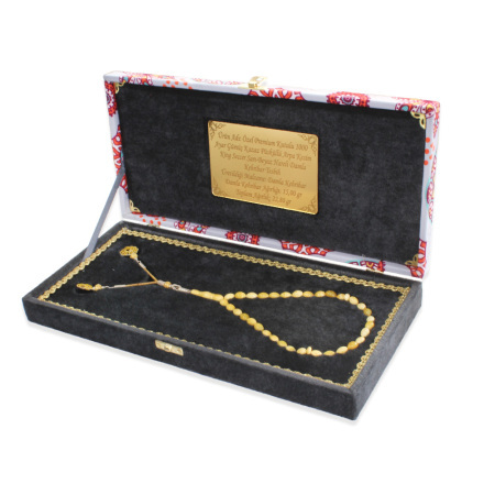 Premium Kutulu 1000 Ayar Kazaz Püskül Arpa Kesim King Seccer Sarı Beyaz Hareli Damla Kehribar Tesbih - Tesbihane