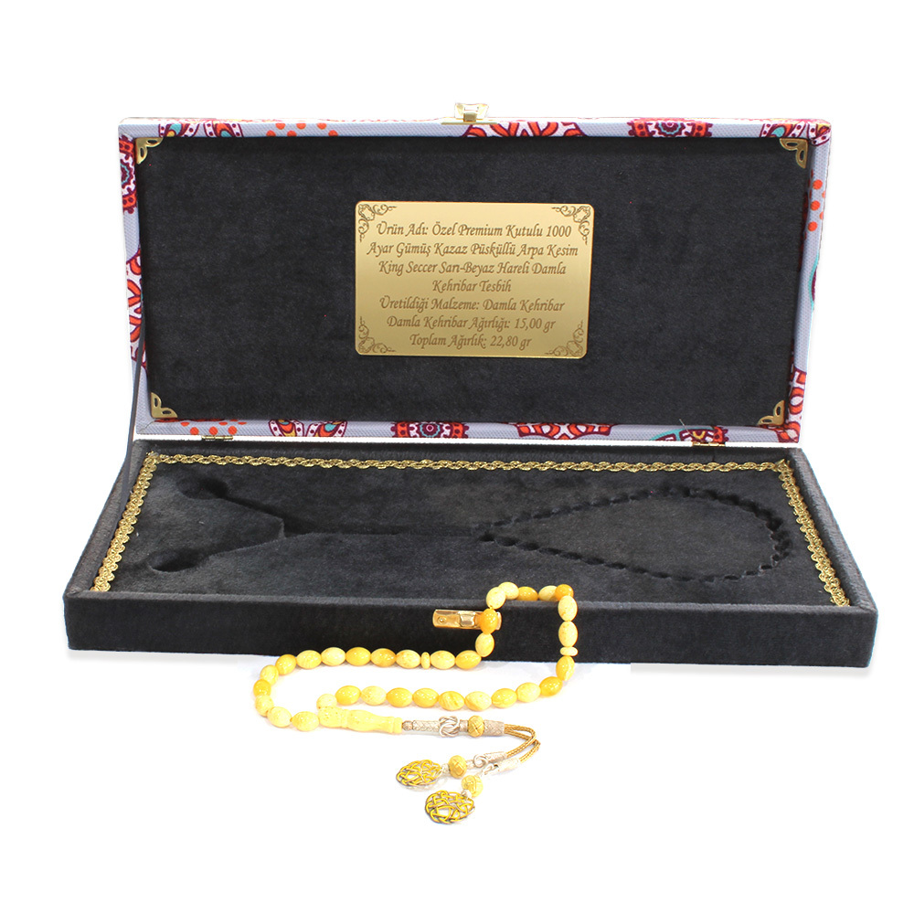 Premium Kutulu 1000 Ayar Kazaz Püskül Arpa Kesim King Seccer Sarı Beyaz Hareli Damla Kehribar Tesbih - 3