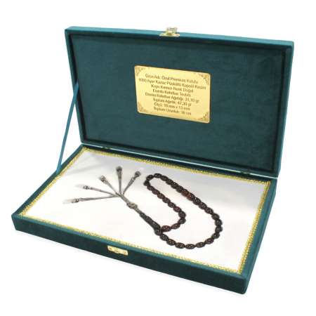 Premium Kutulu 1000 Ayar Kazaz Püsküllü Kapsül Kesim Koyu Kırmızı Renk Doğal Damla Kehribar Tesbih - Tesbihane