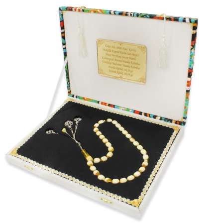 Premium Kutu 1000 Ayar Kazaz Püskül Sarı Beyaz Max Boy King Seccer Kaliningrad Damla Kehribar Tesbih - Tesbihane