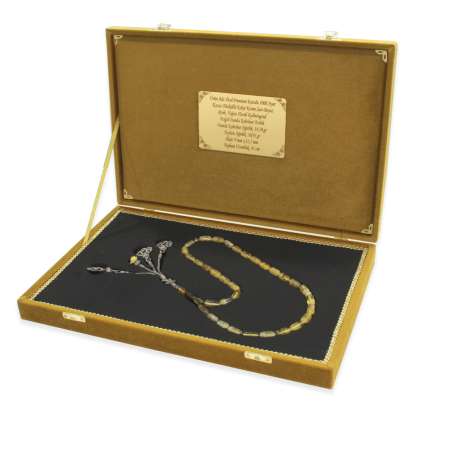 Premium Kutulu Gümüş Kazaz Püsküllü Kolye Kesim Sarı Beyaz Yoğun Kaliningrad Damla Kehribar Tesbih - Tesbihane