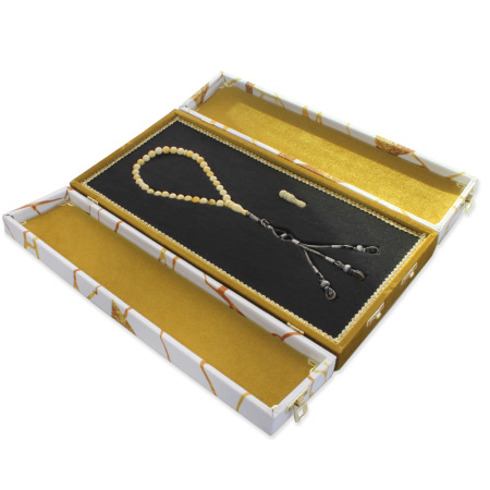 Premium Kutulu Gümüş Kazaz Püsküllü Küre Kesim King Seccer Beyaz Sarı Hareli Damla Kehribar Tesbih - Tesbihane