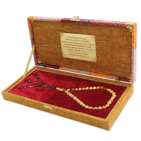 Premium Kutulu 1000 Ayar Kazaz Püskül Küre Kesim King Seccer Sarı Beyaz Hareli Damla Kehribar Tesbih - Tesbihane