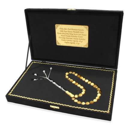 Premium Kutulu Gümüş Kazaz Püsküllü Küre Kesim Maxi Boy King Seccer Sarı Beyaz Kehribar Damla Tesbih - Tesbihane