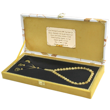 Premium Kutulu Gümüş Sarı Kazaz Püsküllü Küre Kesim King Seccer Beyaz Sarı Damla Kehribar Tesbih - Tesbihane