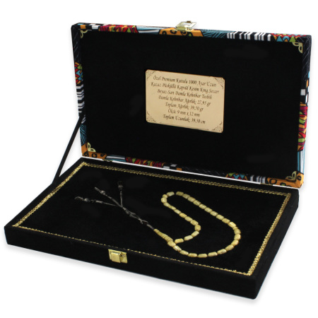 Premium Kutulu Gümüş Uzun Kazaz Püsküllü Kapsül Kesim King Seccer Sarı Beyaz Damla Kehribar Tesbih - Tesbihane