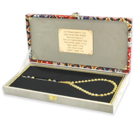 Premium Kutulu 925 Ayar Gümüş Halat Püsküllü Küre Kesim King Seccer Beyaz Sarı Damla Kehribar Tesbih - Tesbihane