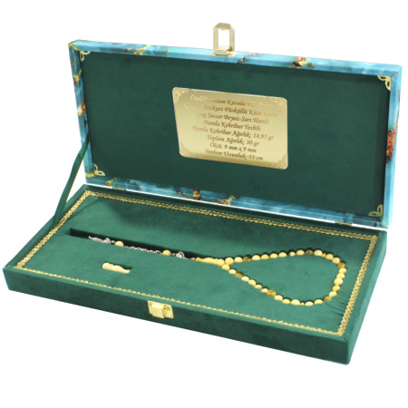 Premium Kutulu 925 Ayar Gümüş Bozkurt Püsküllü King Seccer Beyaz Sarı Hareli Damla Kehribar Tesbih - Tesbihane