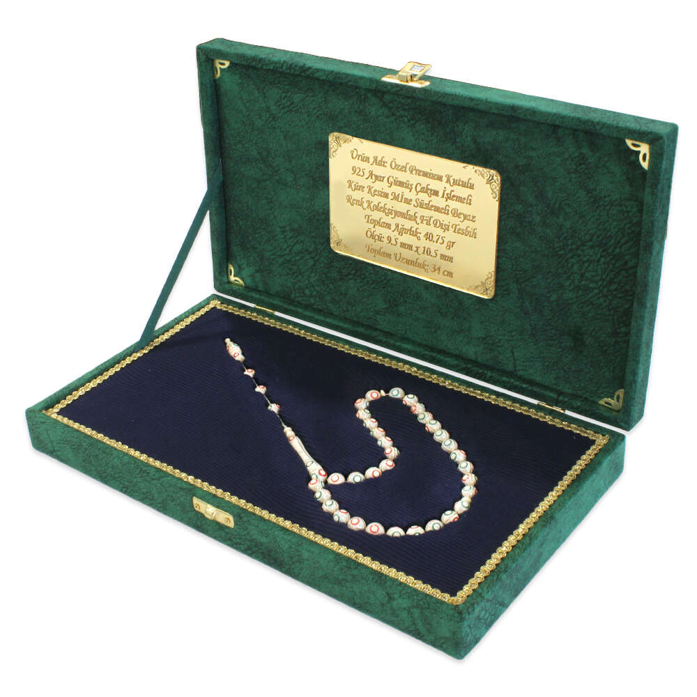 Premium Kutulu 925 Ayar Gümüş Çakım Küre Kesim Mine Süsleme Beyaz Renk Koleksiyonluk Fildişi Tesbih - 1