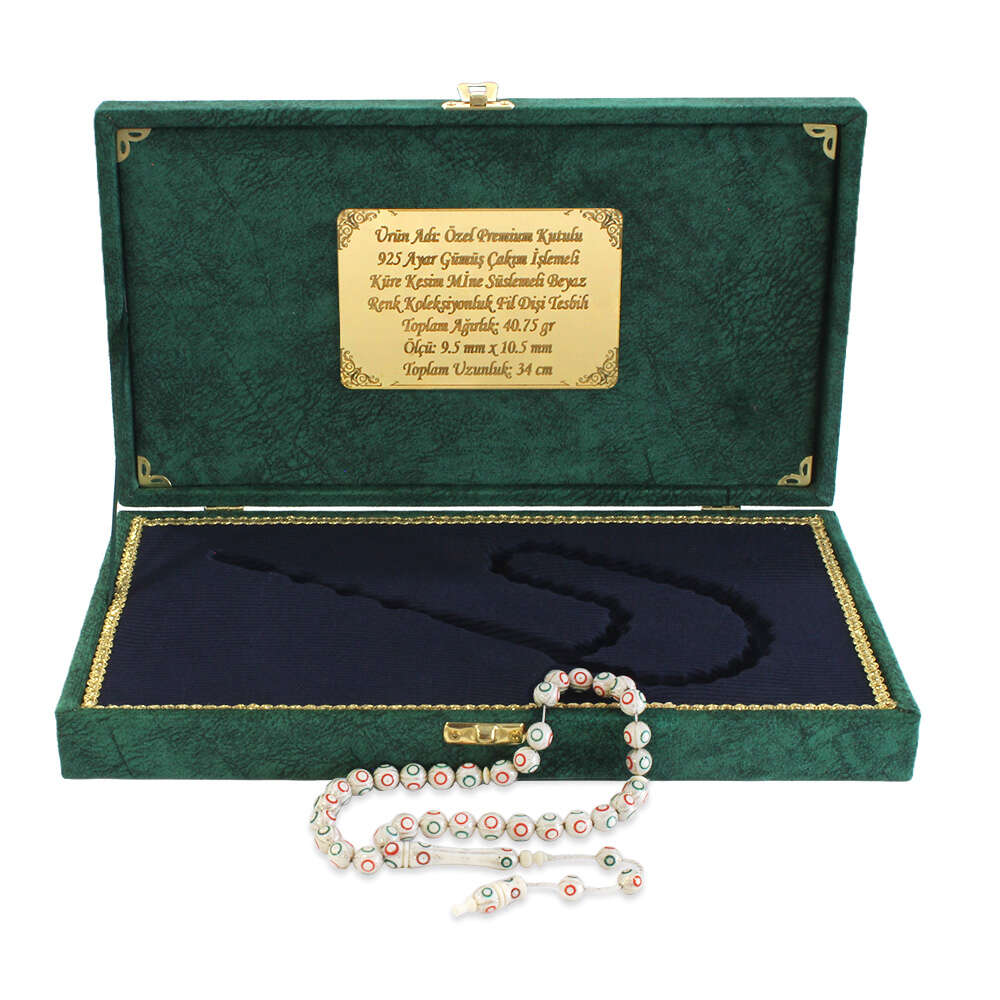 Premium Kutulu 925 Ayar Gümüş Çakım Küre Kesim Mine Süsleme Beyaz Renk Koleksiyonluk Fildişi Tesbih - 2