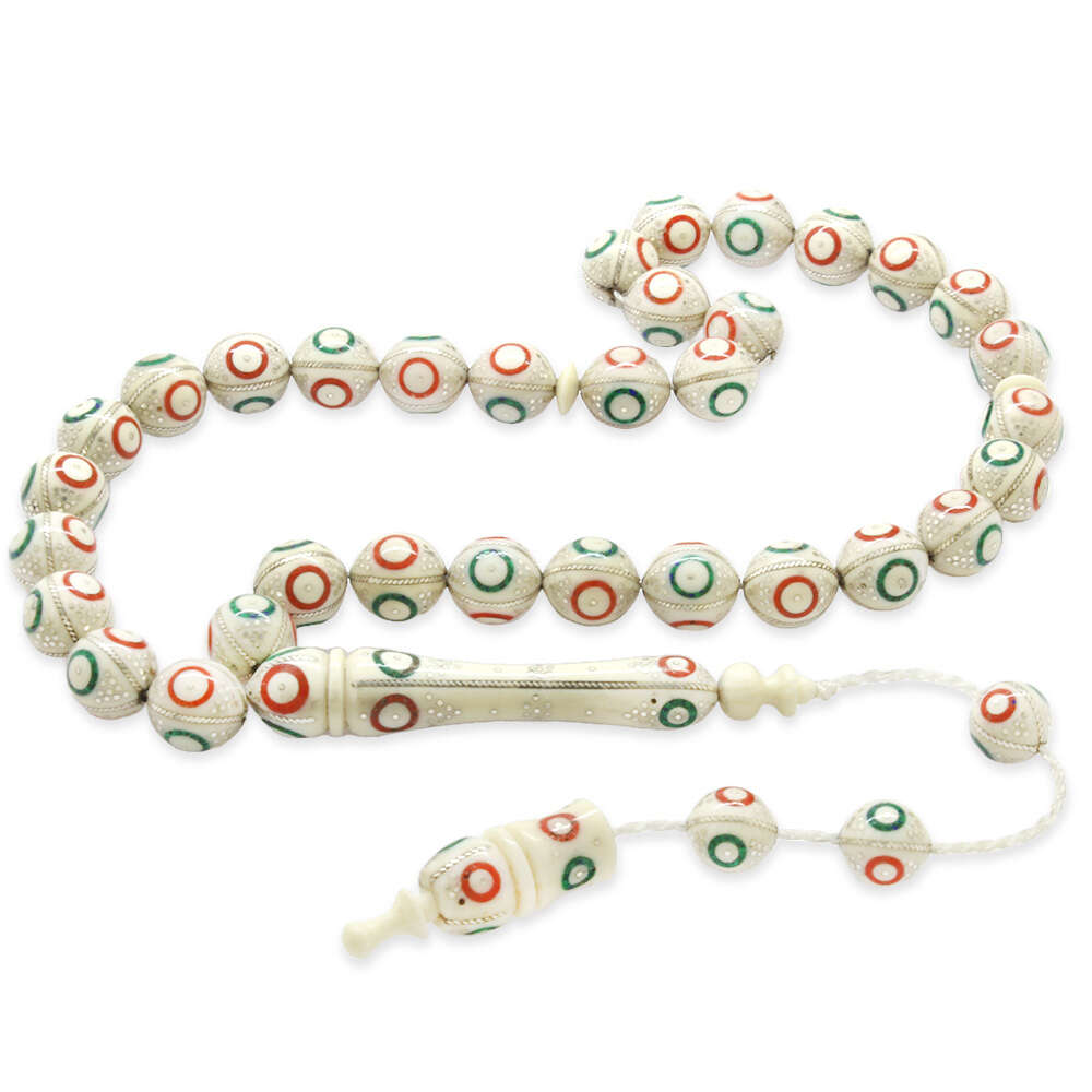 Premium Kutulu 925 Ayar Gümüş Çakım Küre Kesim Mine Süsleme Beyaz Renk Koleksiyonluk Fildişi Tesbih - 3