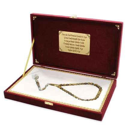 Özel Premium Kutulu 925 Ayar Gümüş Etnik Püsküllü Küre Kesim Dalmaçya Damla Kehribar Tesbih - Tesbihane