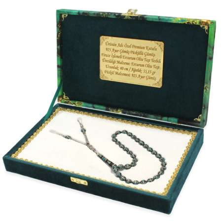 Premium Kutulu 925 Ayar Gümüş Püsküllü Arpa Kesim Gümüş Firuze İşlemeli Erzurum Oltu Taşı Tesbih - Tesbihane