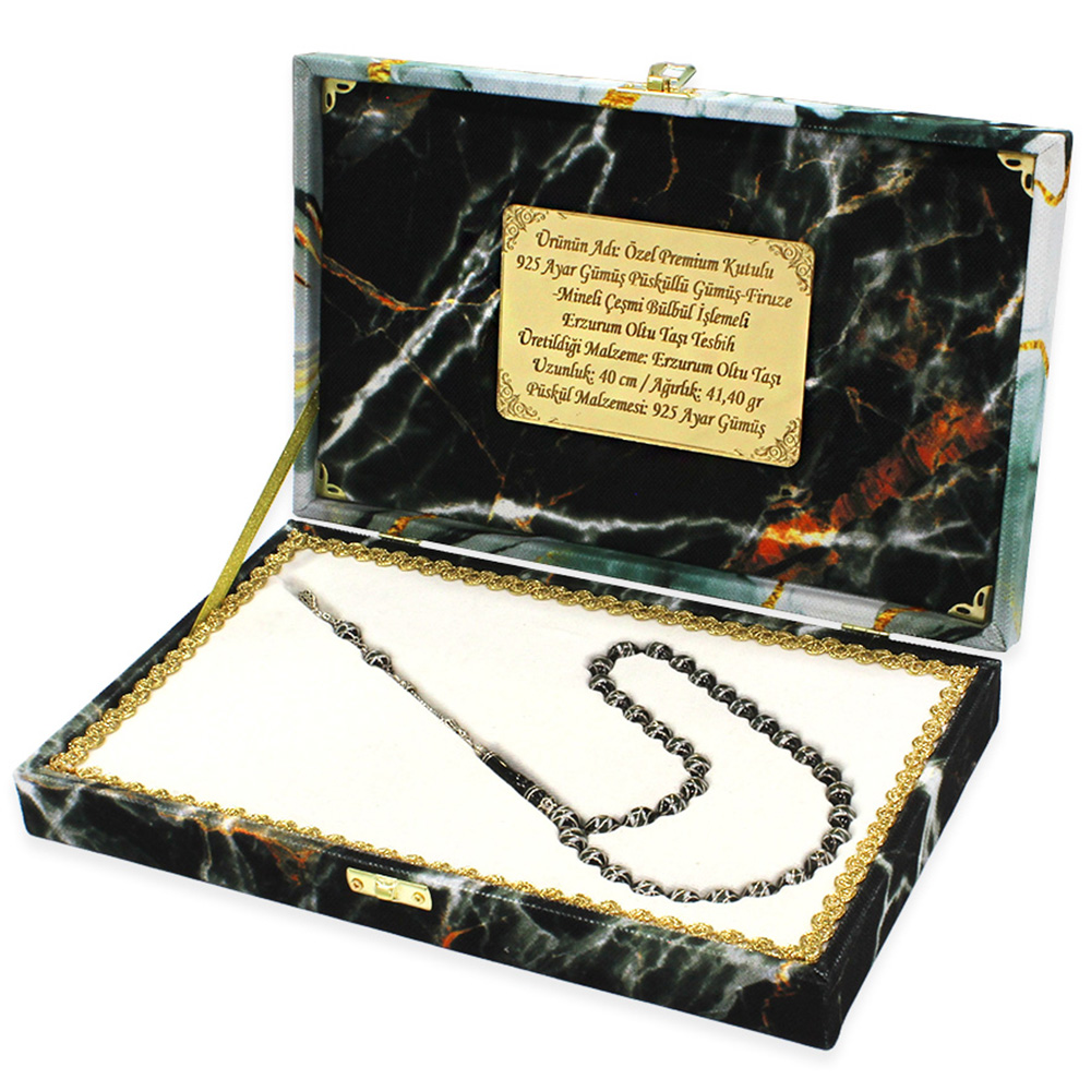 Premium Kutulu 925 Ayar Gümüş Püsküllü Gümüş Firuze Çeşmi Bülbül İşlemeli Erzurum Oltu Taşı Tesbih - 1