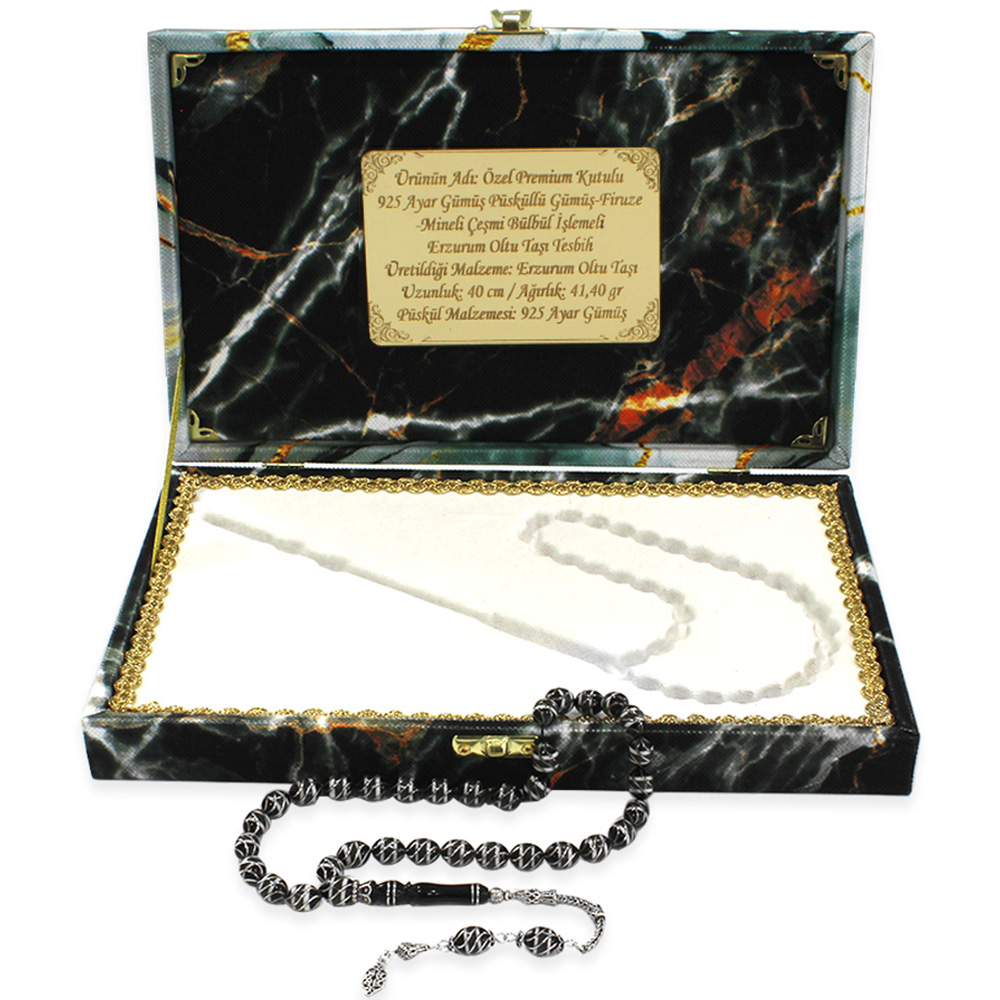 Premium Kutulu 925 Ayar Gümüş Püsküllü Gümüş Firuze Çeşmi Bülbül İşlemeli Erzurum Oltu Taşı Tesbih - 2