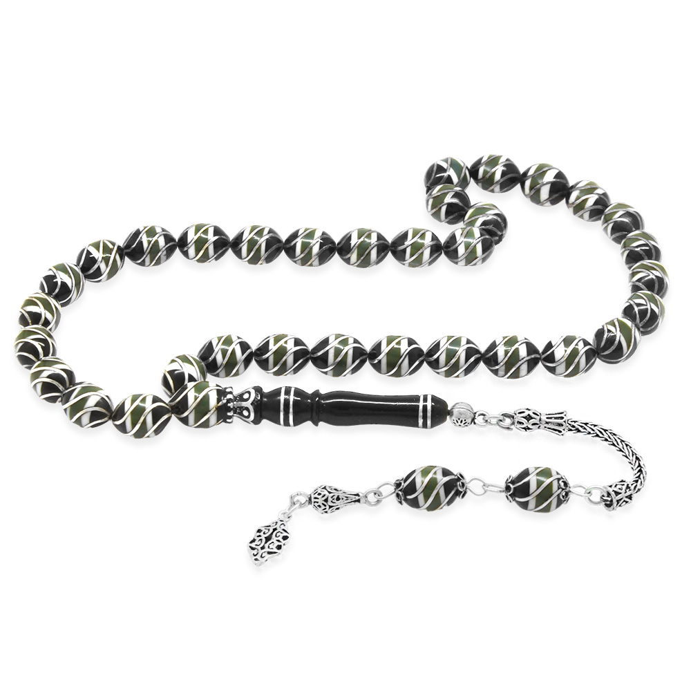 Premium Kutulu 925 Ayar Gümüş Püsküllü Gümüş Firuze Çeşmi Bülbül İşlemeli Erzurum Oltu Taşı Tesbih - 5