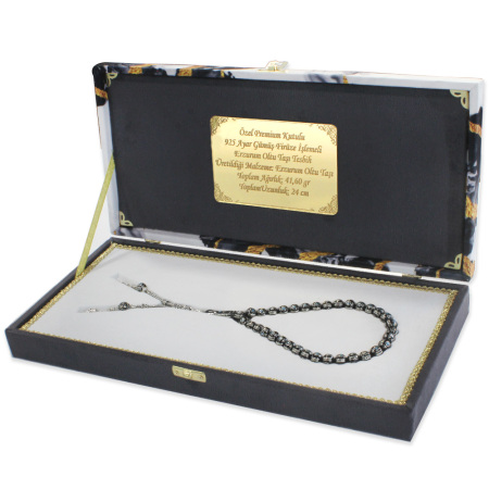 Premium Kutulu 925 Ayar Gümüş Püsküllü Küre Kesim Gümüş Firuze İşlemeli Erzurum Oltu Taşı Tesbih - Tesbihane