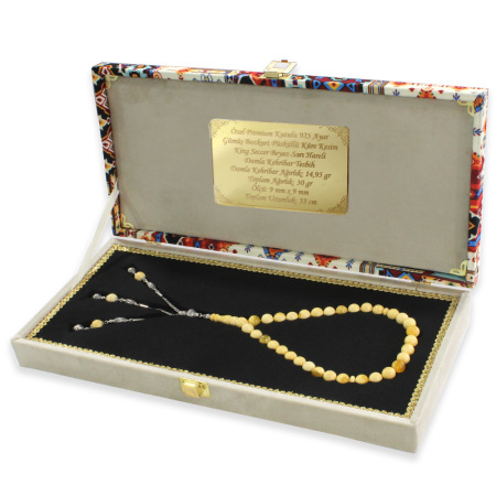 Premium Kutulu 925 Ayar Gümüş Püskül Küre Kesim King Seccer Beyaz Sarı Hareli Damla Kehribar Tesbih - Tesbihane